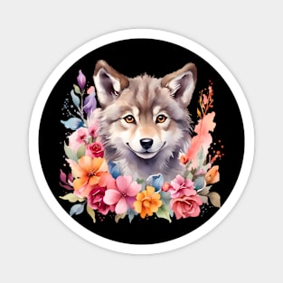 A wolf decorated with beautiful watercolor flowers Magnet